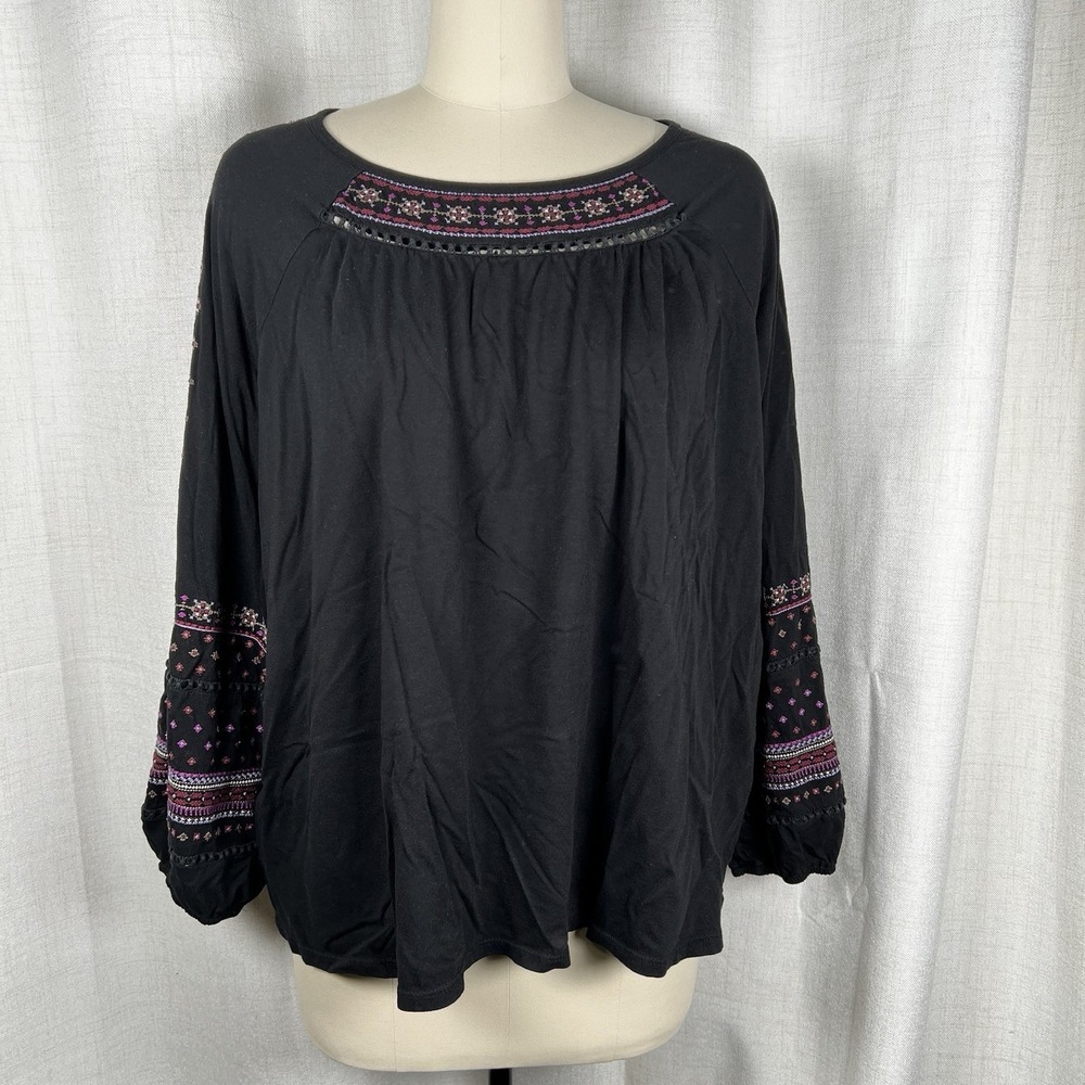 J. Jill Top Women Plus 2X Peasant Black Embroidered Ren Faire Whimsygoth Blouse